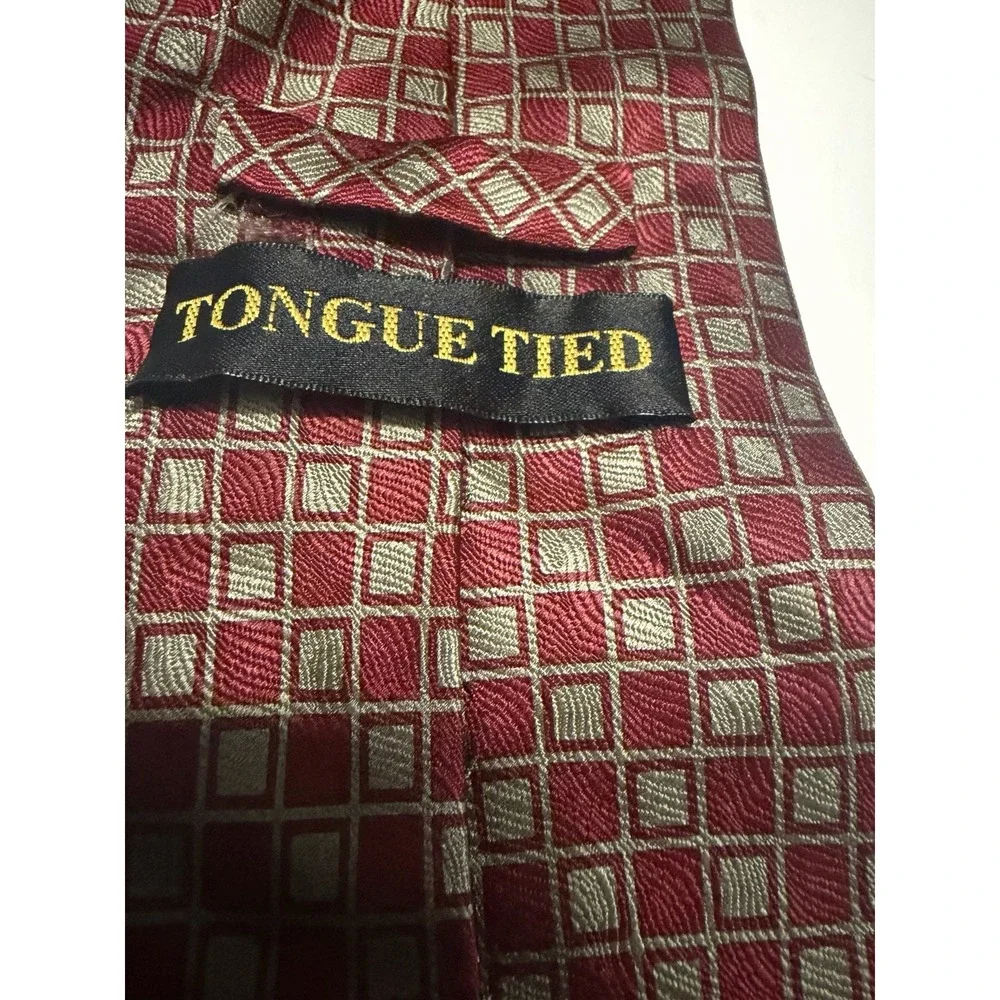 Tongue Tied Mens Silk Necktie Red Silver Geometric Square Pattern Hand Made